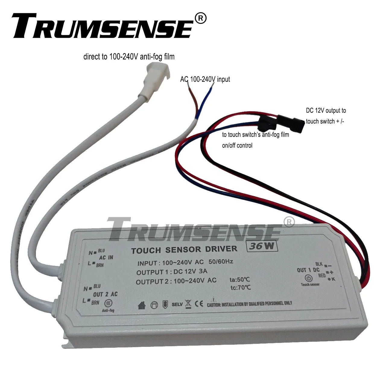 

Trumsense 36W STT36AR Встроенный релейный адаптер питания от 100 до 240 В переменного тока Вход постоянного тока 12 В 3 А Выход от 100 до 240 В переменного тока для сенсорного переключателя зеркала