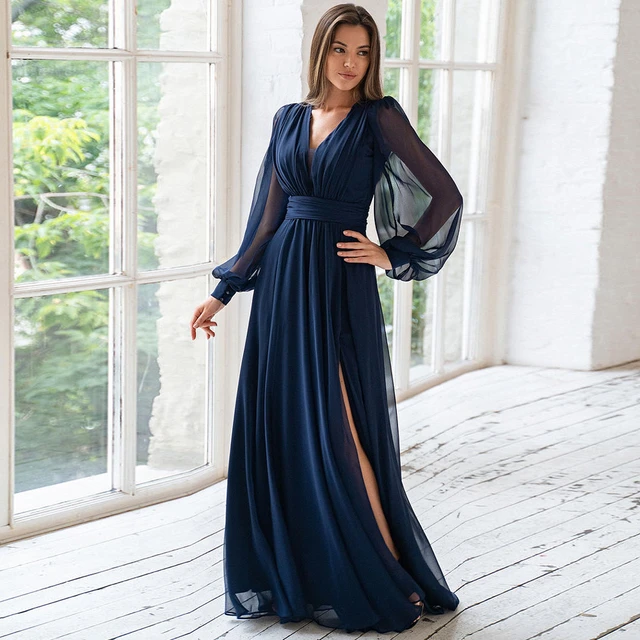 Wedding Party Dresses Long Sleeves Deep V Neck Navy Blue Chiffon Bridesmaid Dress for Women 2023 Side Split A Line Evening Gowns AliExpress