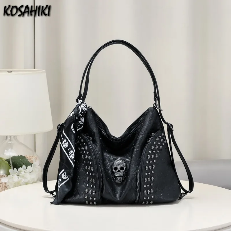 Y2k Aesthetic Trendy Casual Tote Bags Vintage All Match Women High-capacity Handbags Fashion Rivet Skull Shoulder Underarm Bag