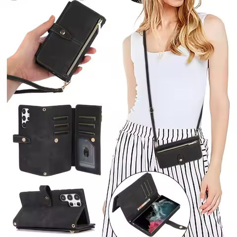Zipper Wallet Crossbody Phone Case for Samsung Galaxy S23 S24 FE S25 Ultra Edge S22 Plus A16 A06 A26 A36 A56 A15 A35 A55 Cover