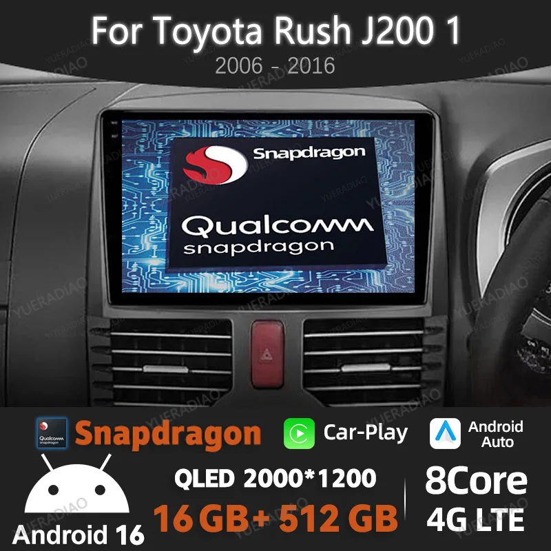 

Android 16 Car Radio For Toyota Rush J200 1 2006 - 2016 BT Head Unit Multimedia Video Player QLED 4G LTE 5G WIFI Qualcomm 2DIN