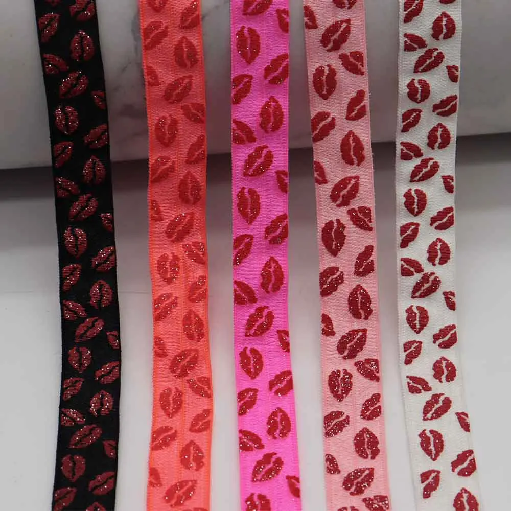 

5/8'' 15mm Glitter Sexy Red Lips Printed FOE Band Fold Over Elastic Ribbon For Valentine Hair Ties DIY Sewing Wristband