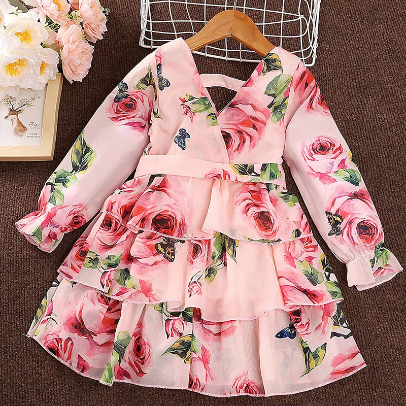 Summer girl dress rose print V-neck dress Spring and autumn long-sleeved cake princess skirt girl clothing