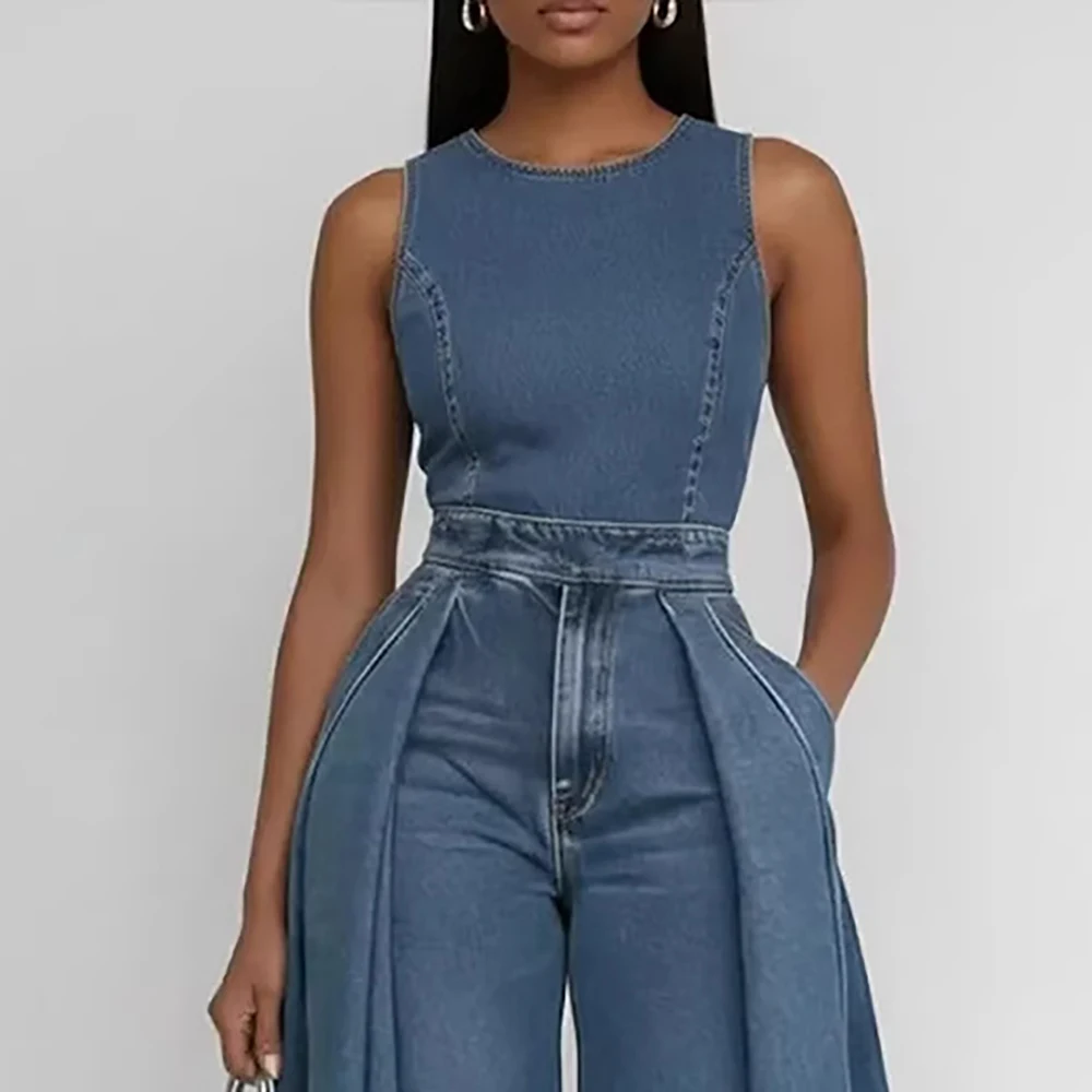 

Винтажный джинсовый комбинезон для женщин: шикарный, с эффектом потертости, круглый вырез, высокая талия, без рукавов, элегантный, с широкими штанинами, летний ромпер