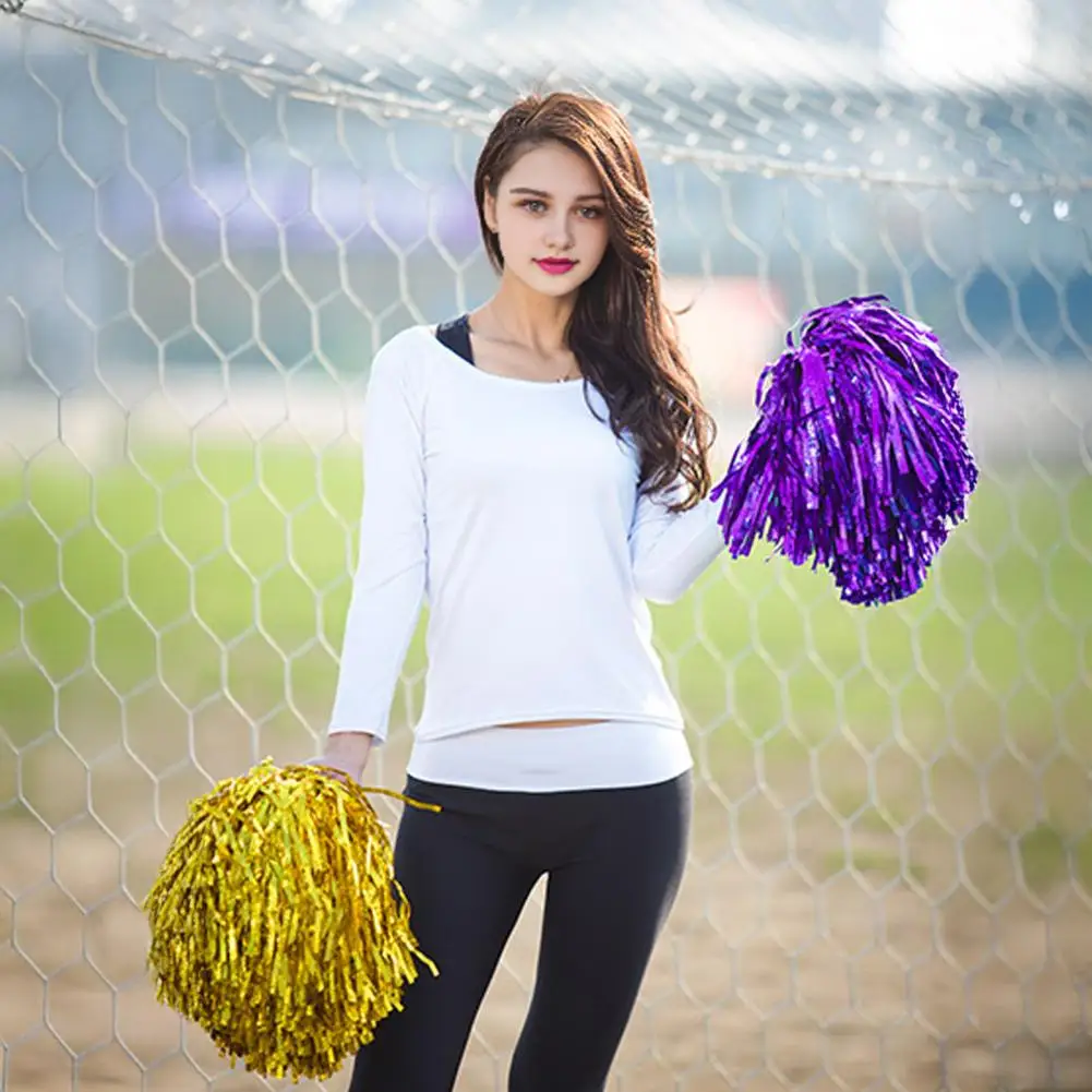 メタリックフォイルチアポンポン、ハンドル付きチアリーディングコスチュームアクセサリー、チームスピリット、スポーツダンス、チアリング用チアリーダーポンポン