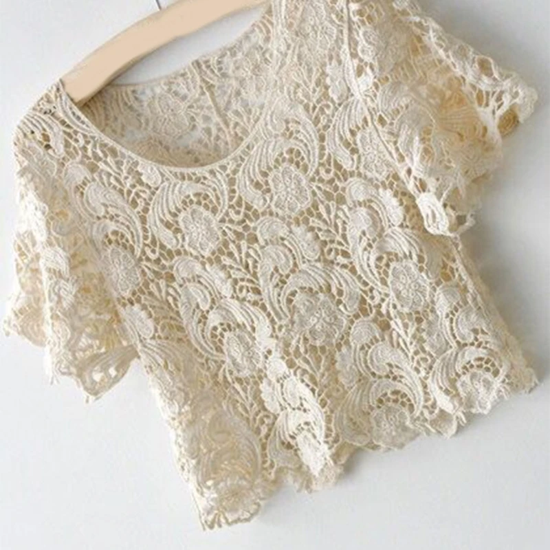 Women Short Sleeve Floral Lace Cover Up T-Shirt Hollow Crochet Knit Loose Blouse O-Neck Pullover Crop Top Shrug Outwear