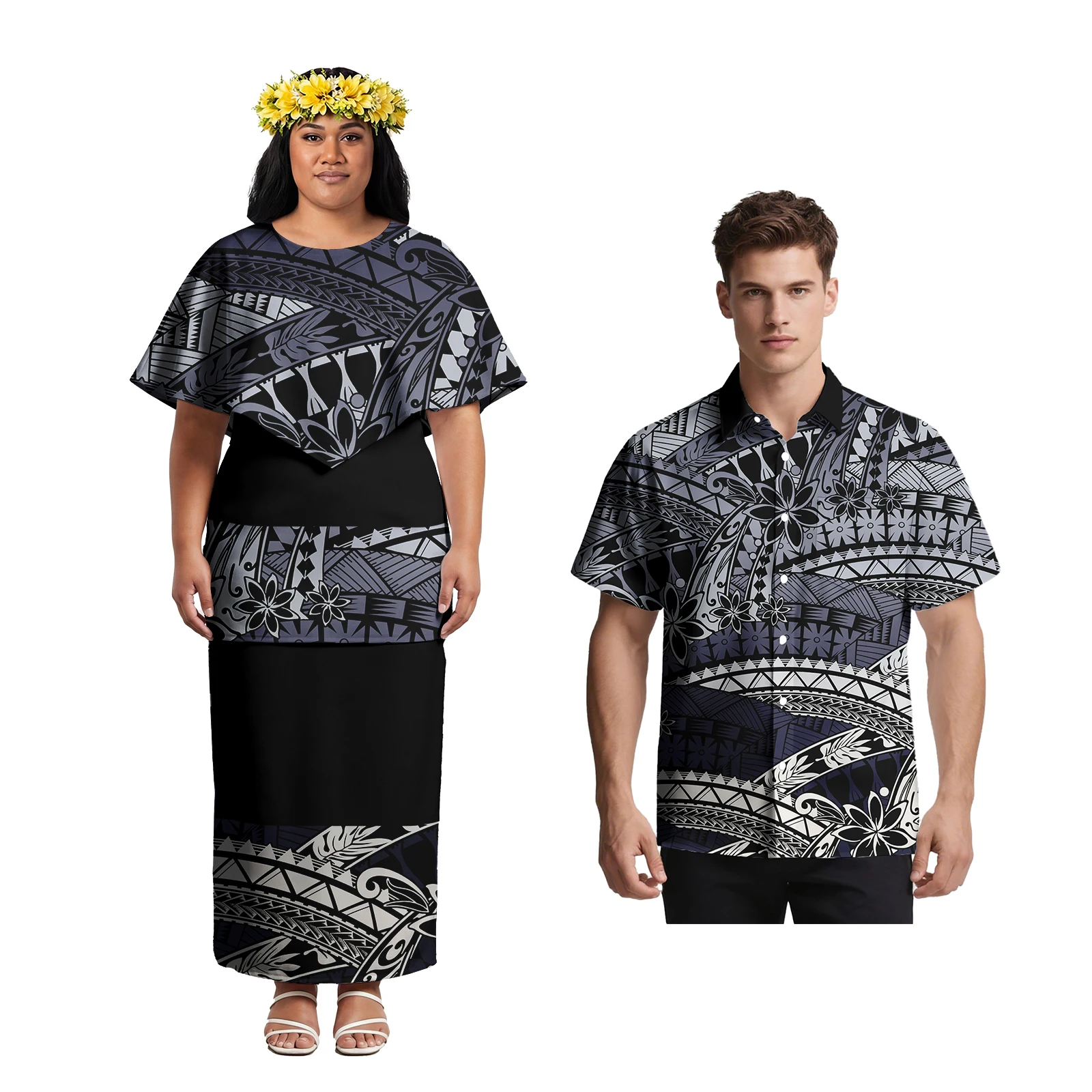 Camisas Polinesias con Bolsillos y Diseño de Volantes para Hombre, Traje Samoano Puletasi de 2 Piezas para Mujer, Estampado de Hojas de Monstera Hawaianas, Conjuntos a Juego para Parejas