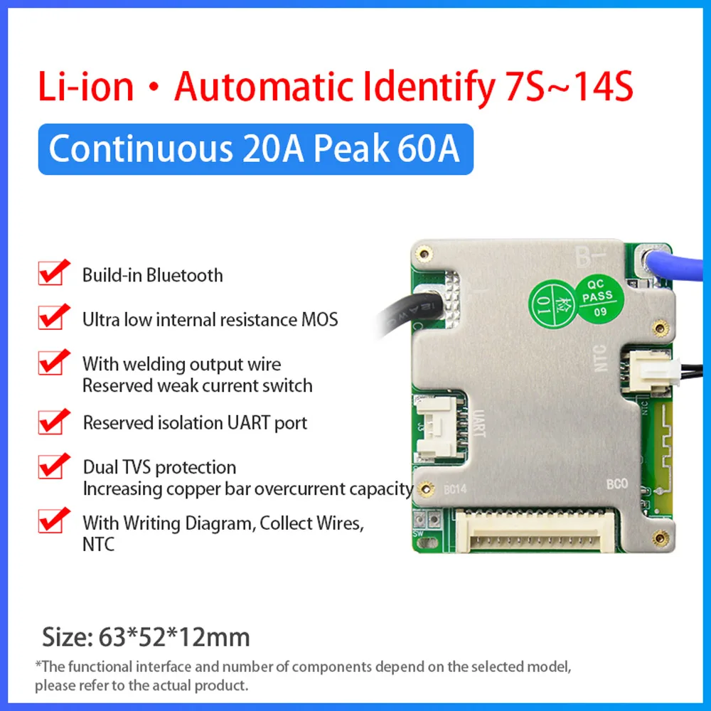 JiaBaiDa-Abrasif automatisé, Système de gestion de la batterie, NMC Smart BMS, 7s-14s, 7S, 8S, 9S, 10S, 11S, 12S, 13S, 14S, 20A, 30A, Lyen, 24V,