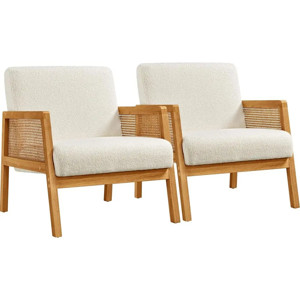 

Rattan Accent Chairs Set o 2, Boho Vintage Armchair, Boucle abric Reading Chair with Wood Armrest and Legs or Living Room Bedroo