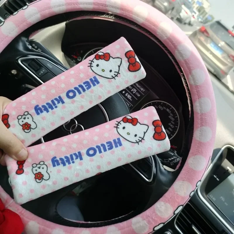 

Cute Sanrio Hello Kitty Steering Wheel Cover Cartoon Cute Young Girl Heart Car Decoration Accessories Three-piece Birthday Gift