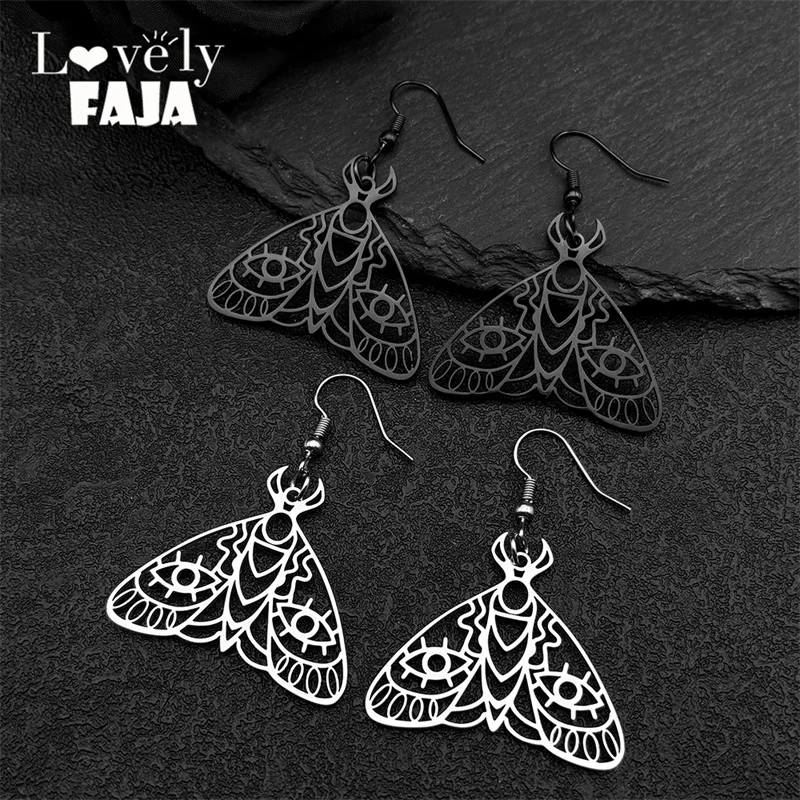 Witchcraft Moth Devil Eye Hollow Hoop Earrings For Women Stainless Steel Black Color Animal Dangle Earring Halloween Jewelry