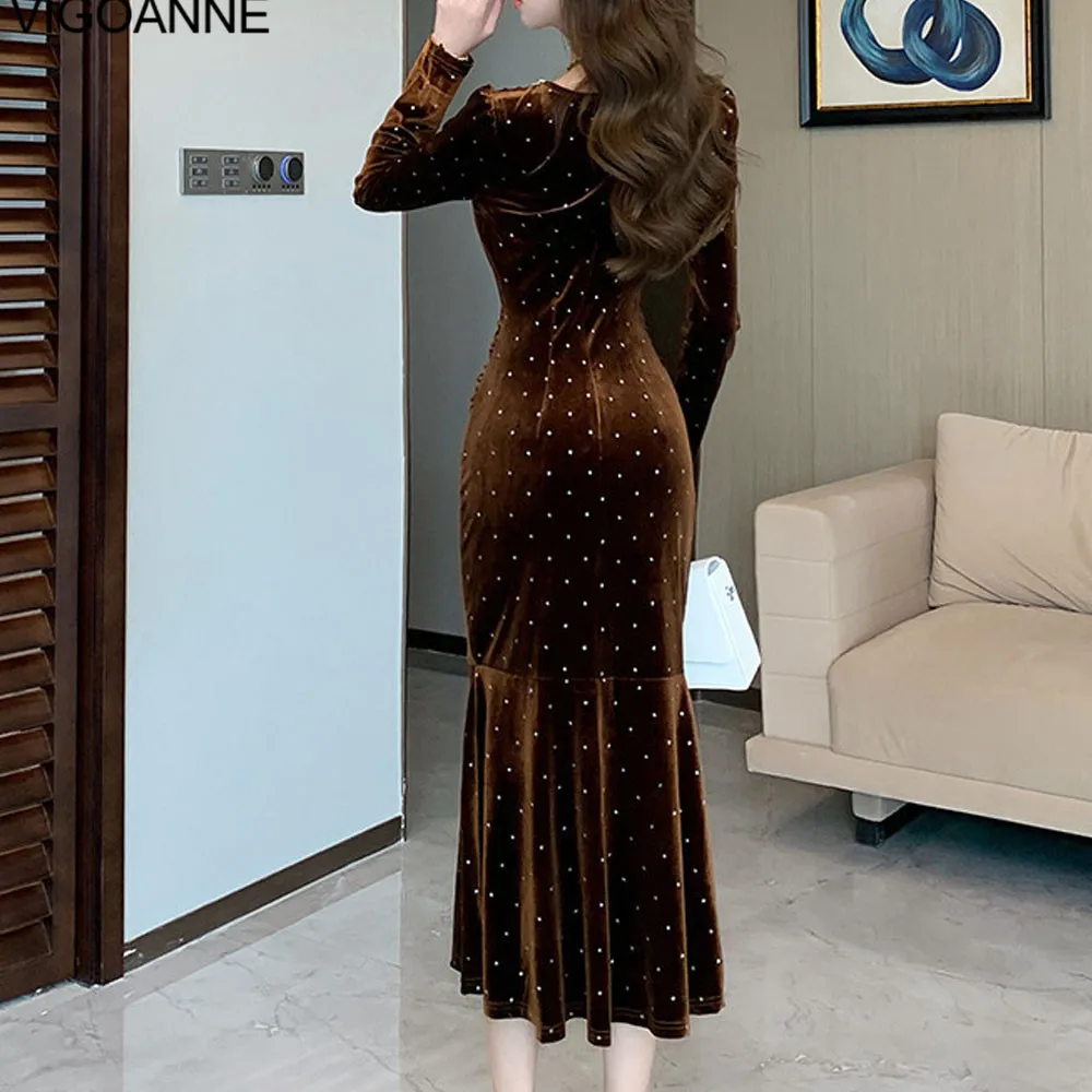 VigoAnne 2025 Autumn Solid Slim Mermaid Velvet Dress Woman Long Sleeve Korean Dress Lady Crystal Evening Party Tight Long Dress