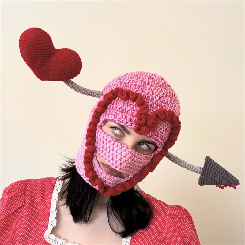 Handmade Crochet Cupid's Arrow Balaclava, Pink Knit Heart Mask with Oversized 3D Heart & Arrow, Valentine's Day Statement Hat