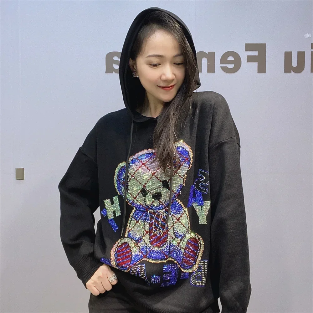 Knitted Hooded Sweater Women\'s Cartoon Hoodies 2024 Autumn and Winter New Fashion Loose Pullover Black Hot Diamond Top