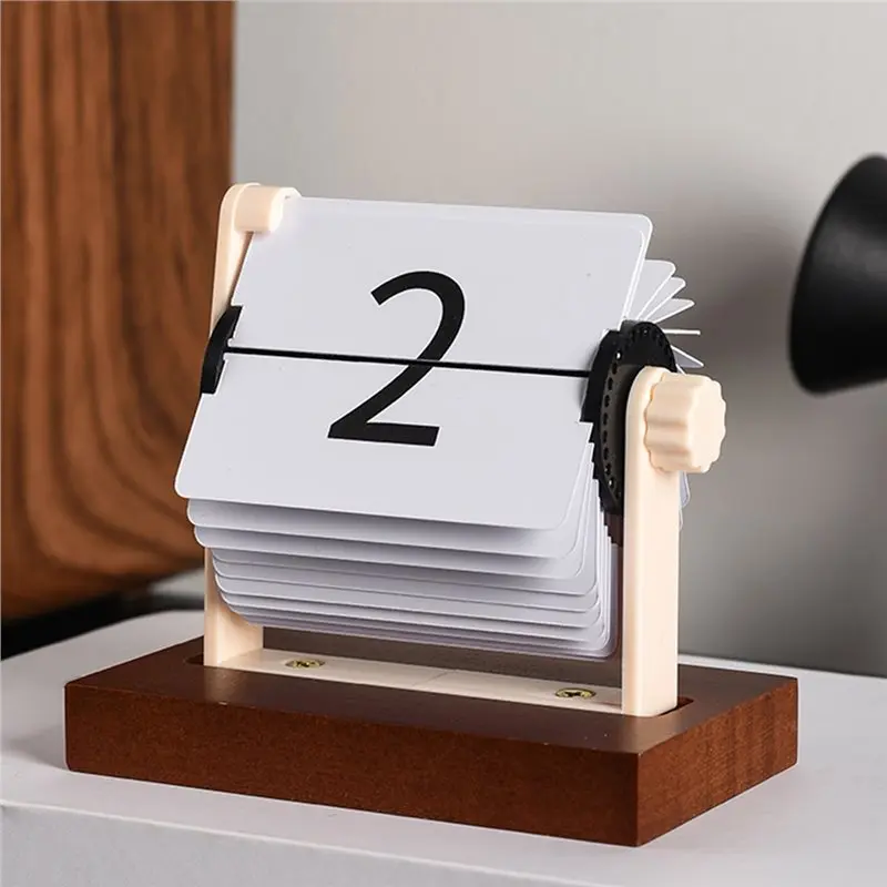 ABUN-Vintage Flip Desktop Calendar-Wooden Perpetual Calendar With Rotating Mechanism, Nordic Minimalist Home Office Decor view 3