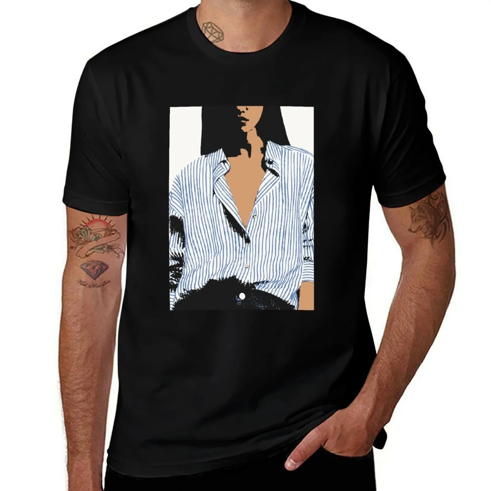 

Bohemian Neutral Illustration of a Woman in a Blue Stripes Shirt Fashion Graphics T-Shirt graphic tee shirt shirts men