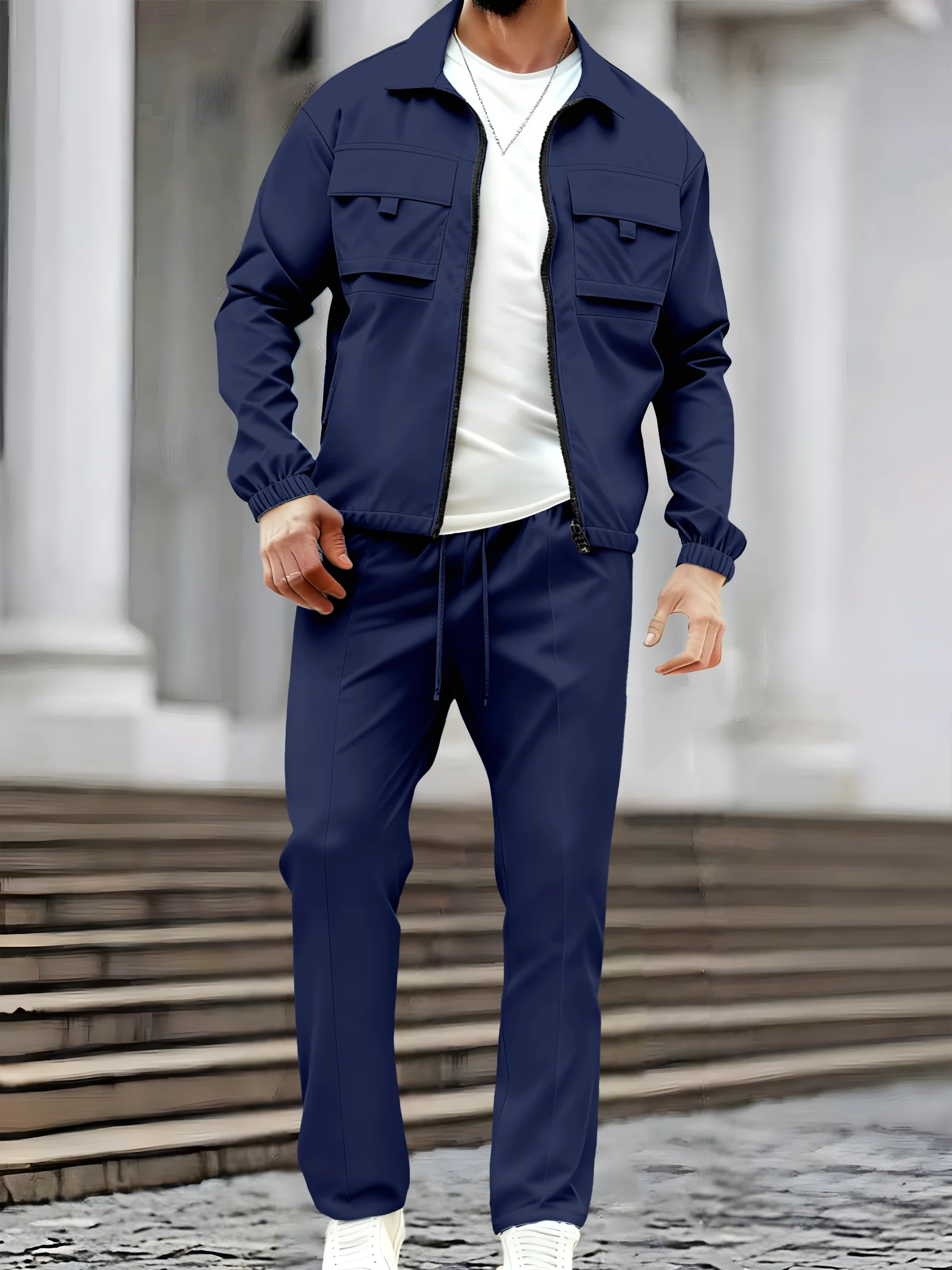 

Spring and autumn new men's long-sleeved long pants workwear set, retro and comfortable zipper shirt long pants set