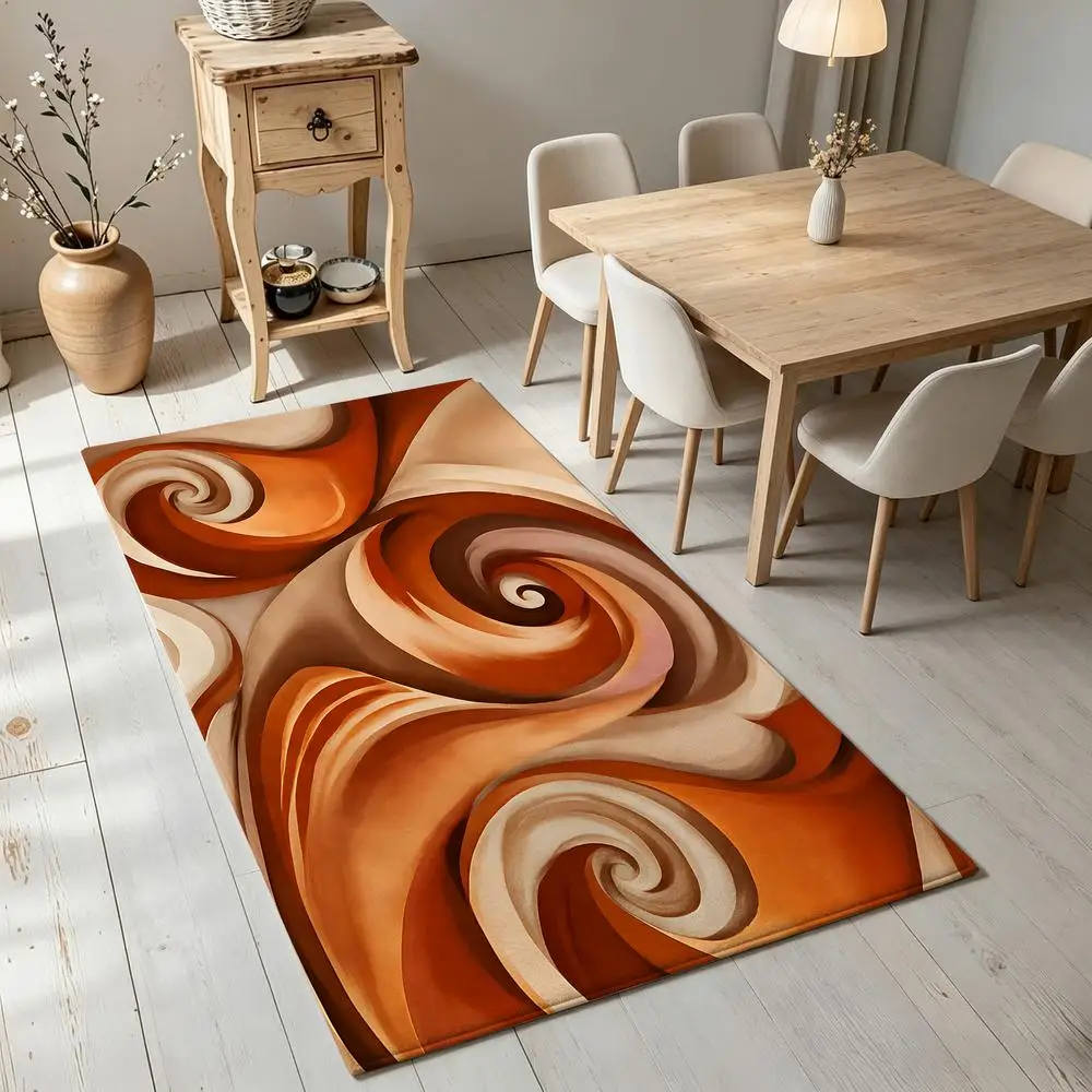 2D 1 piece soft comfortable, easy to care, machine washable indoor rug for dining room, living room, bedroom, entryway, hallway, under dining table, featuring abstract swirl pattern, farmhouse style home decor