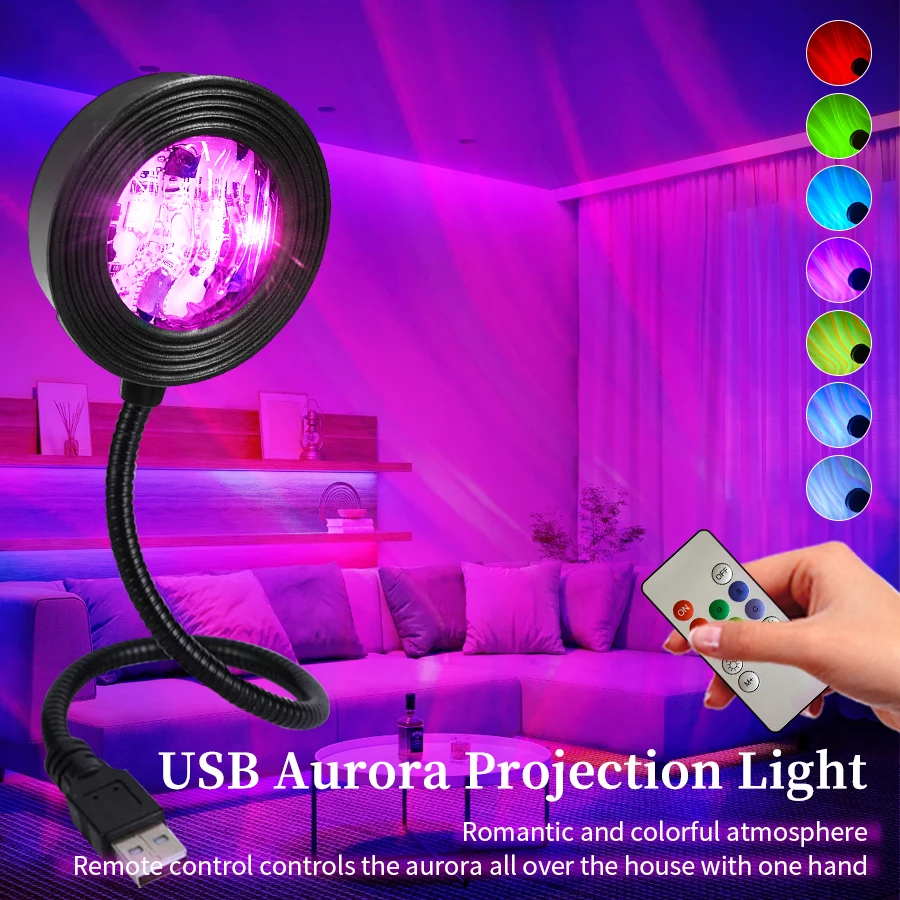 USB Aurora Projector Light Self Photography Light LED Water Ripple Romantic Ambient Light Nightlight Room Decor Atmosphere Light