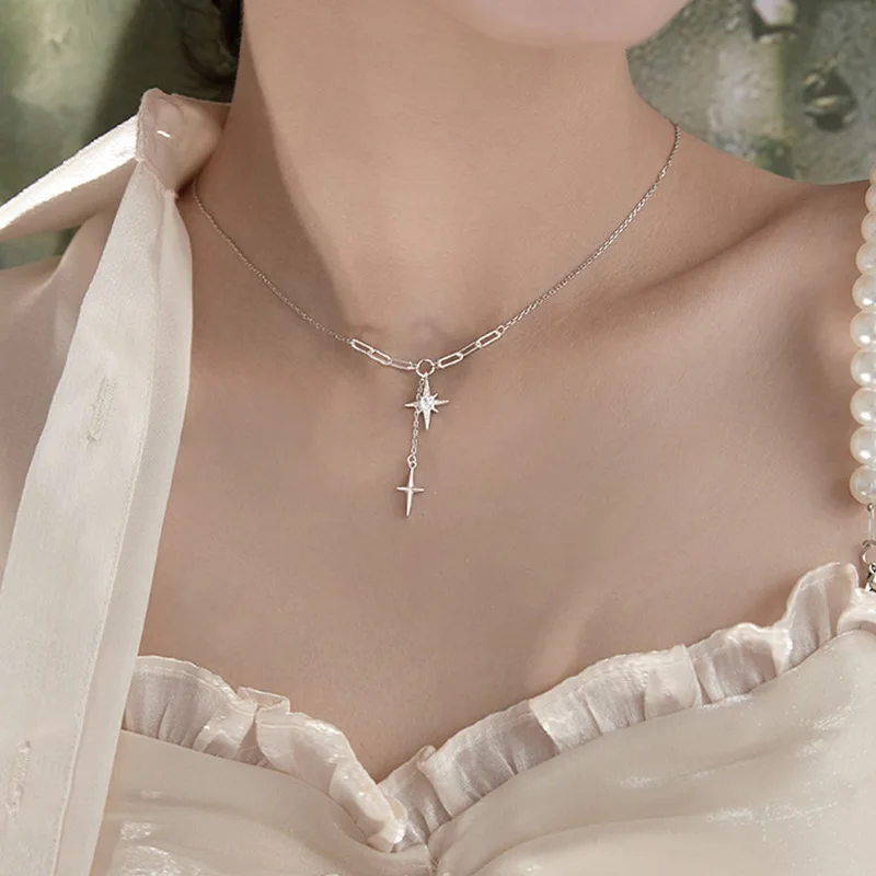 Silberfarbene Y-Halskette für Damen, Modische Kristall-Stern-Anhänger-Halskette, Lange Quasten-Schlüsselbeinkette, Damen-Party-Schmuck – Detail 3