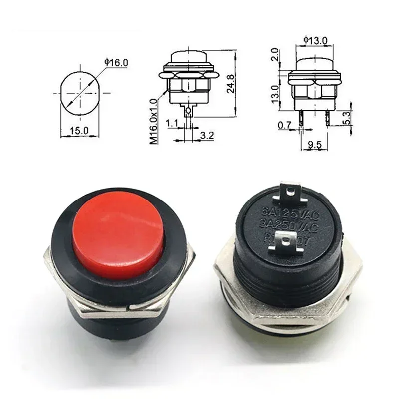 R13-507 Round instantaneous power button 16mm 6A/125VAC 3A/250VAV Automatic reset can be used for electrical control 5~50pcs