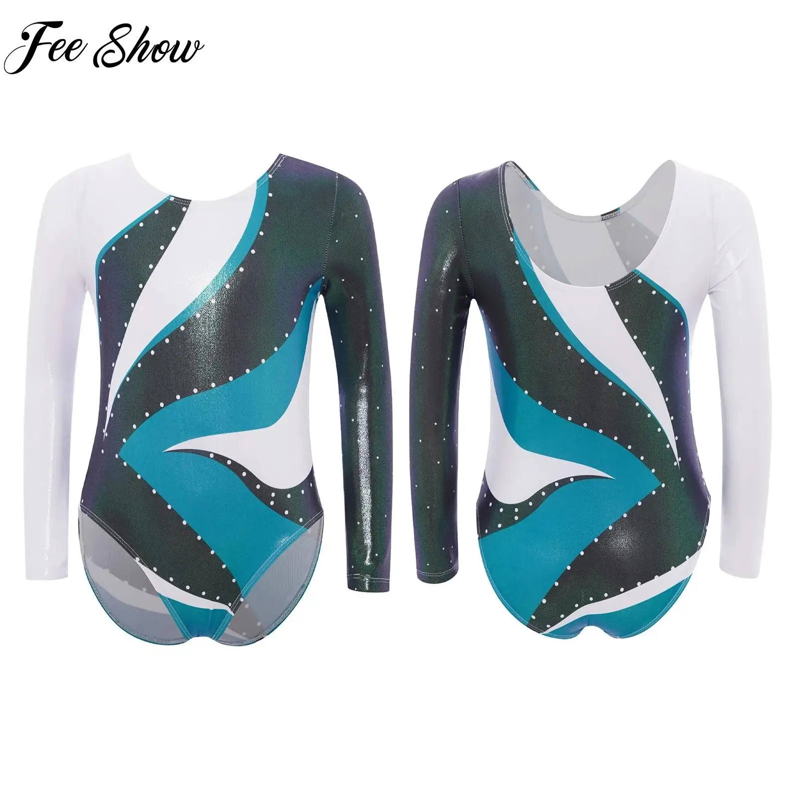Girls Ballet Dance Unitard Kids Athletic Gymnastic Figure Skating Costumes Long Sleeve Jumpsuit for Dancing Class Performance