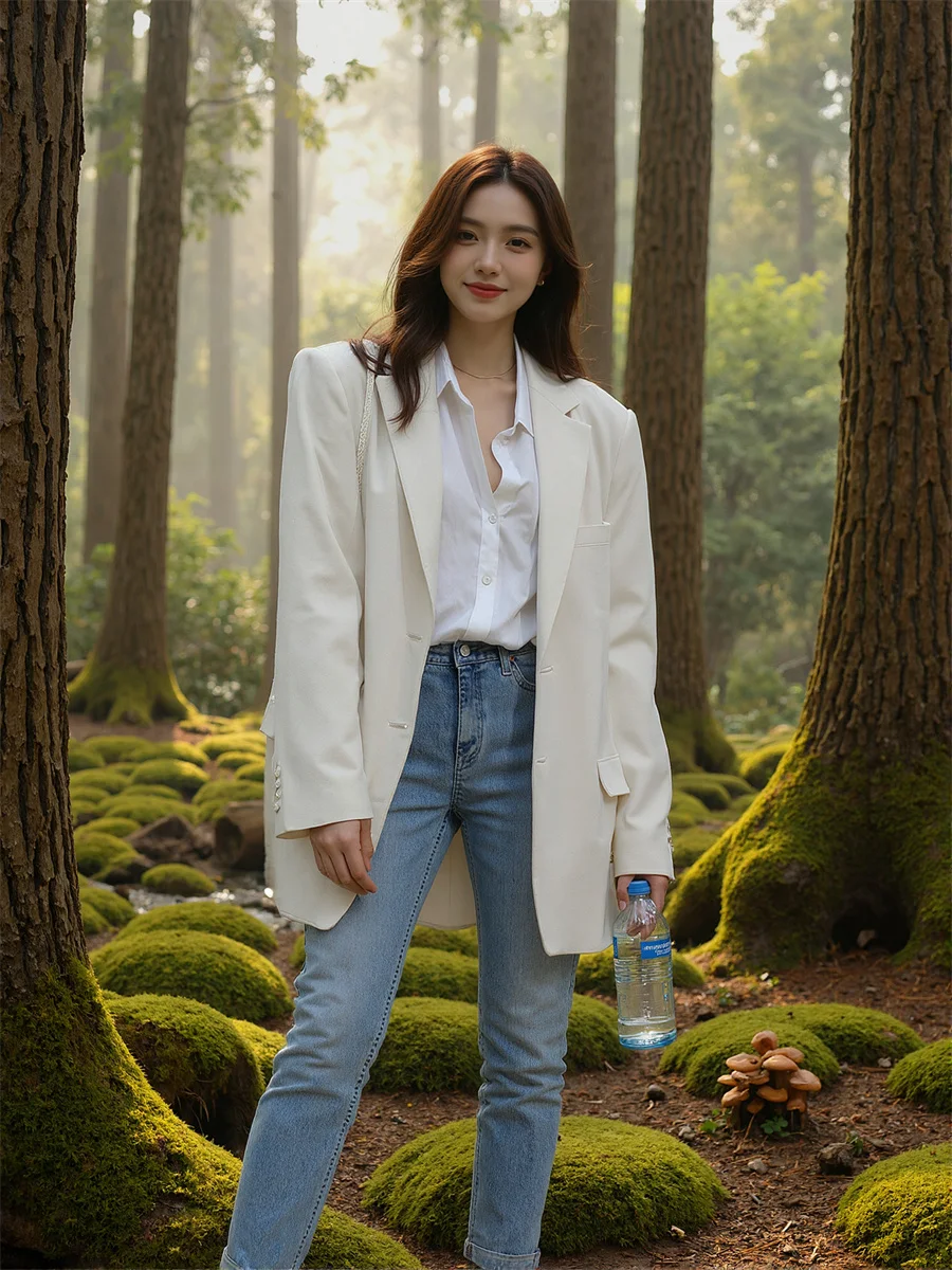 بدلة سهرة نسائية بيضاء قابلة للتنفس الإبداع كتلة الألوان الساق الكتابة على الجدران لونين نسج السببية المطرزة مشاعل حافة بدون قبعة