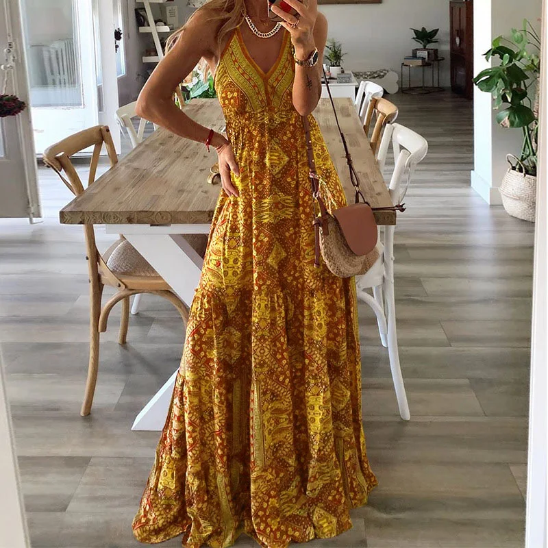 2024 Spaghetti Strap Dresses For Women Vintage Printed Bohemian Style Beach Dress Fashion Sexy V-neck Lady Maxi A-line Vestidos