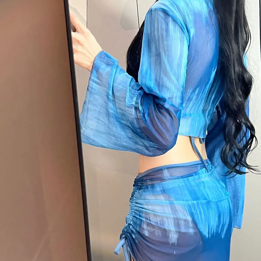 

Blue Color Tie Dye Bikini Set Mesh Long Sleeve 4 Piece Set Swimsuit Set Side Ruched Lace-Up Crop Top Swimwear Set Swimming