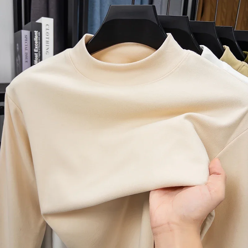 2025 New Men's Casual Solid Color High Collar Velvet Long Sleeve T-shirt Spring and Autumn Versatile Comfortable Top image 2