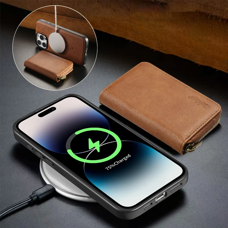 Detachable Magnetic Phone Case For iPhone 16 Pro Max 15 Plus 14 13 Pro 12 Solid Color Phone Cover With Zipper Wallet Card Bag