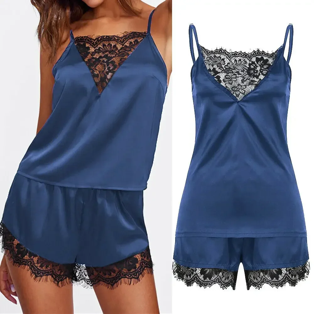 

Женский комплект пижамы из ледяного шелка: ночная сорочка, майка, шорты. Черный, красный, L, XL. Кружевной, повседневный, сексуальный, гладкий.