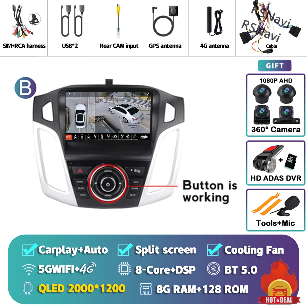 Android 15 Carplay Auto Autoradio Multimedia Speler voor Ford Focus 3 2011-2019 Autoradio Wifi+4G DSP GPS Stereo 2din Head Unit