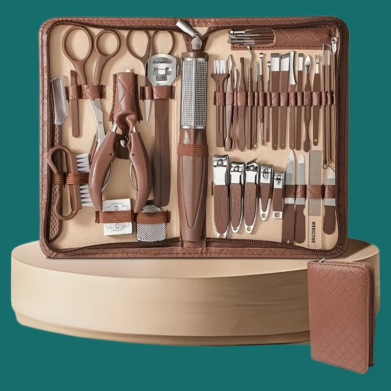 42 قطعة مجموعة باديكير الطراز الحديث البني 42 قطعة مجموعة مقص أظافر من الفولاذ المقاوم للصدأ، أدوات باديكير محمولة وذات اختيار الأذن، للاستخدام المنزلي Nai