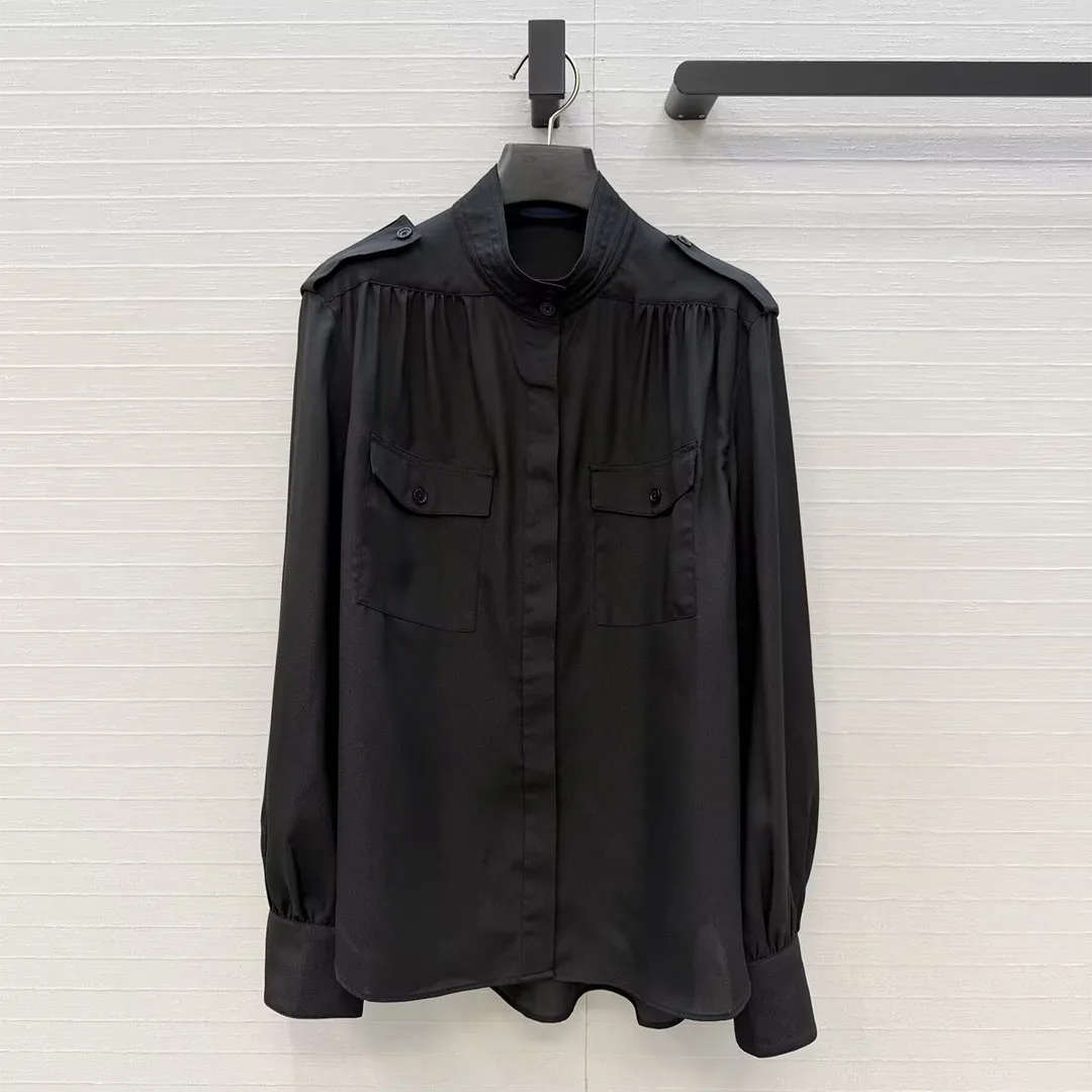

French Elegant Fashion Shirt Women Stand Collar Long Sleeve Single Breasted Front Pockets Solid Color Loose Office Blouses