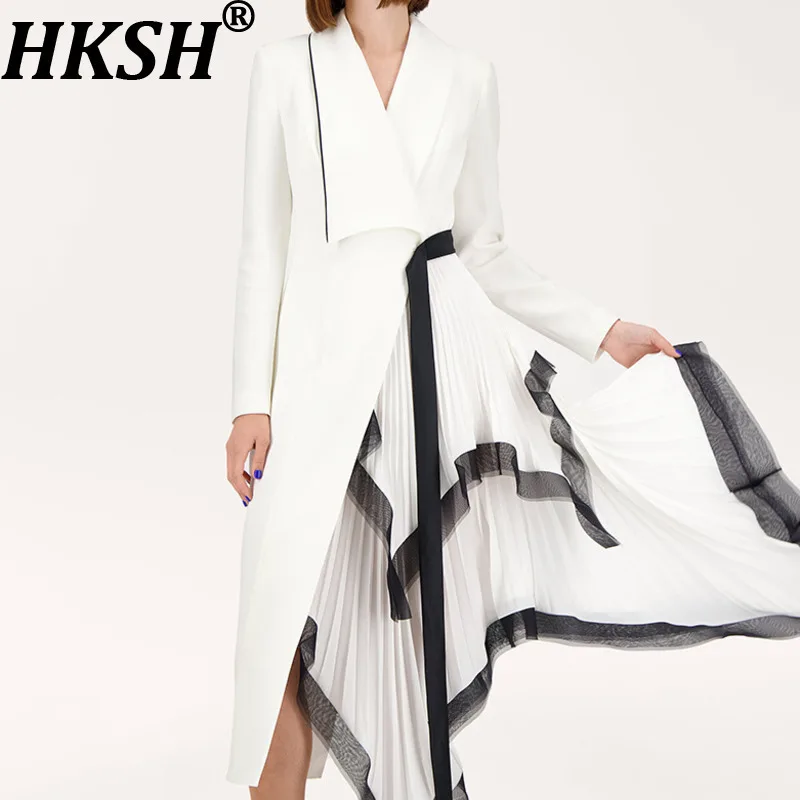HKSH 秋の新女性トレンディなロングドレスニッチデザイン非対称プリーツフリルパッチワークブレザーエレガントでスタイリッシュなドレス HK10050