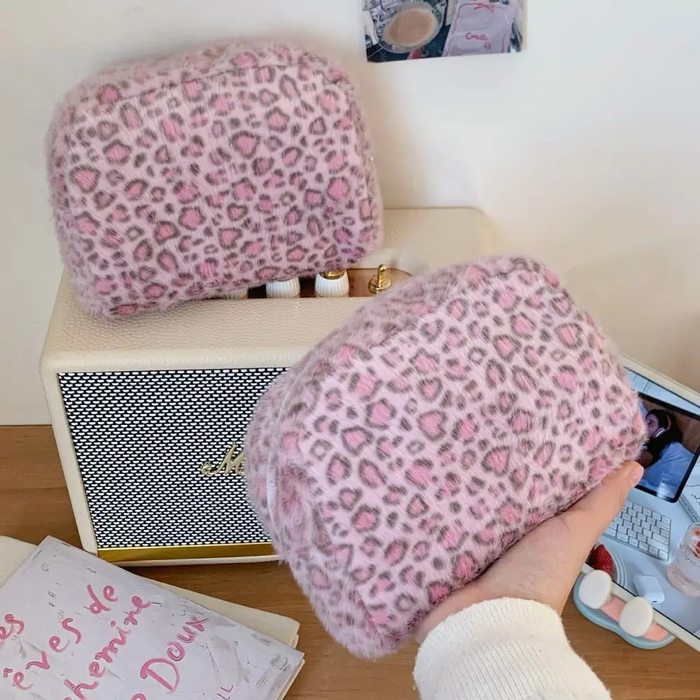 Multi-functional Fuzzy Makeup Bag Large Capacity Portable Cosmetic Bag Leopard Print Toiletry Organizer Women