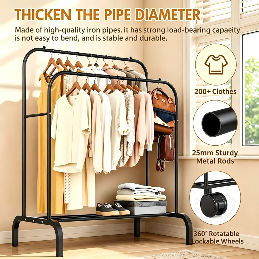 [Double Rod Clothes Hanger]Heavy-Duty Metal Double Rod Clothes Drying Rack, With Simple Design And Large Capacity, Easy To Assem