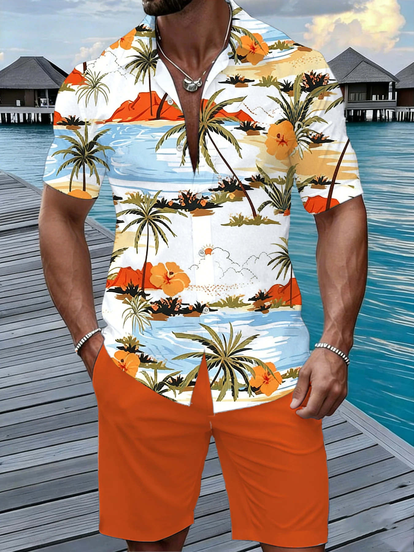 

Men's Premium Tropical Scenic Print Short Sleeve Shirt, Elevated Beach & Resort Wear