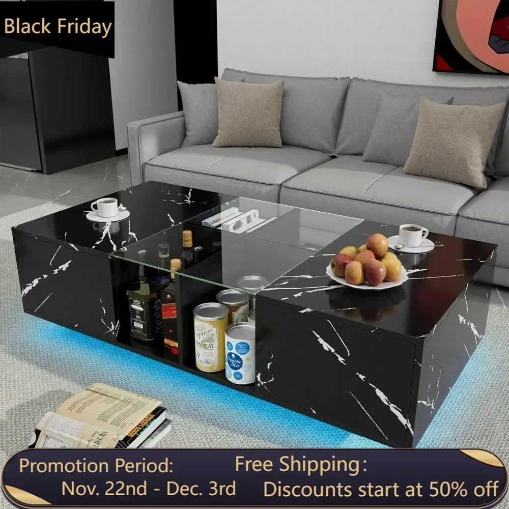 Coffee Table with Storage, LED Rectangular Wood Coffee Table, Display Shelf & Large Sliding Drawers, Faux Marble Glass Table