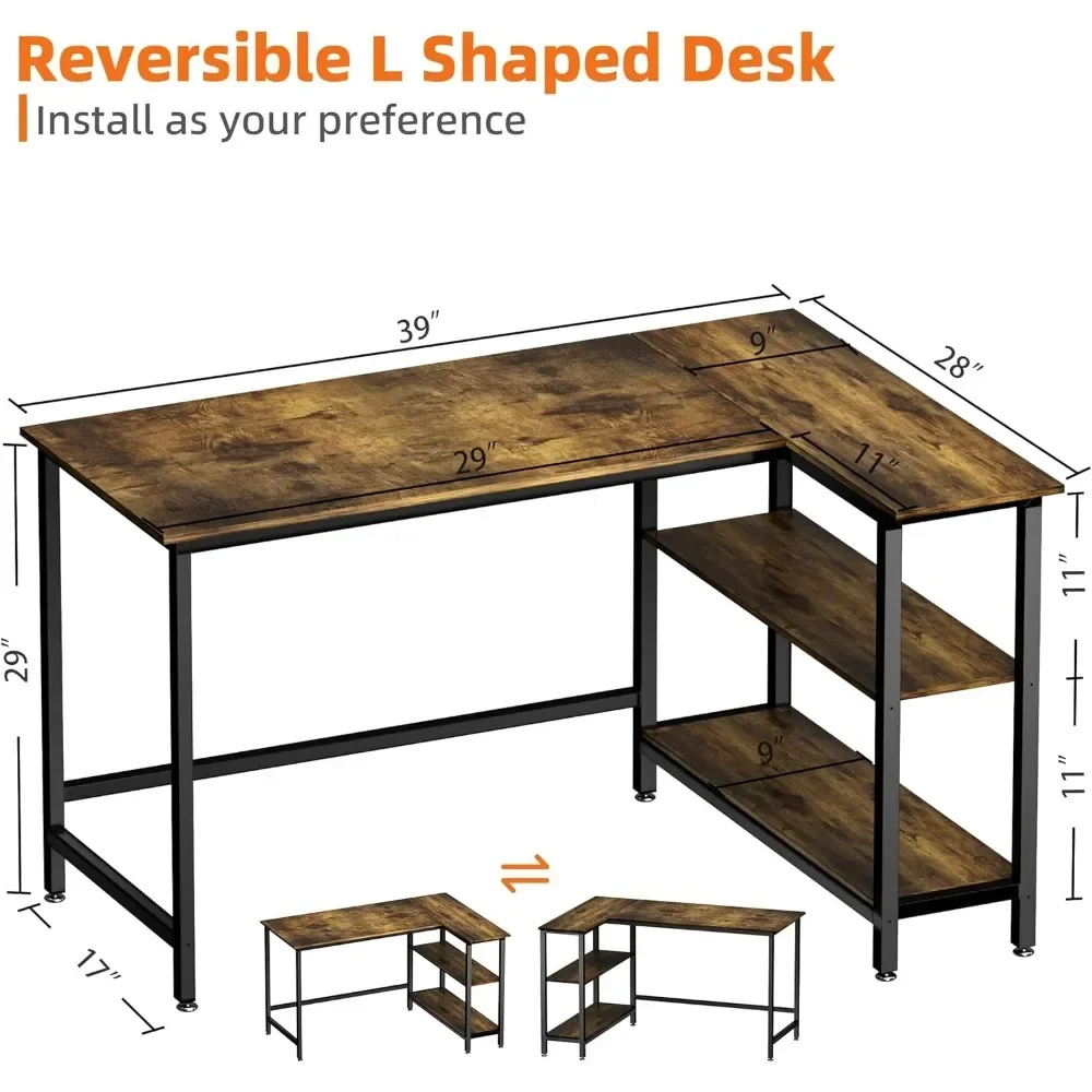 Bureau d'ordinateur en forme de L avec étagère, bureau de jeu, table d'angle pour le travail, l'écriture et l'étude, peu encombrant