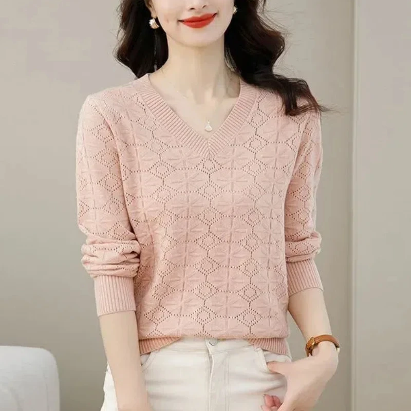 Spring Autumn New Fashion V-neck Long Sleeve Solid Color Women\'s Clothing Pullovers Loose Casual Simplicity Knitting Sweaters