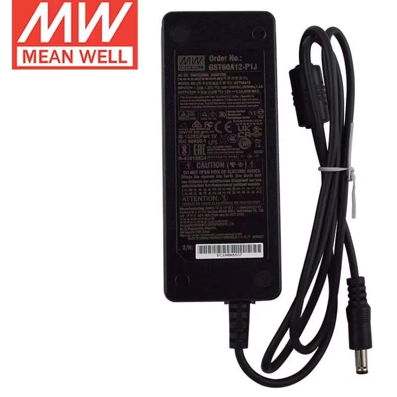 GST60A12-P1J MEAN WELL Industrial Desktop Adaptor 110V/220V AC to 12V DC 5A 60W Meanwell Level VI Adapter