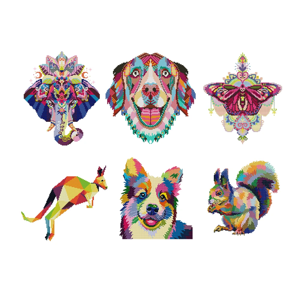 Colorful Animal Cross Stitch Kits, Elephant, Hound, Butterfly, Dog, Squirrel, Kangaroo, DA577, DA578, DA579, DA586, DA591, DA699