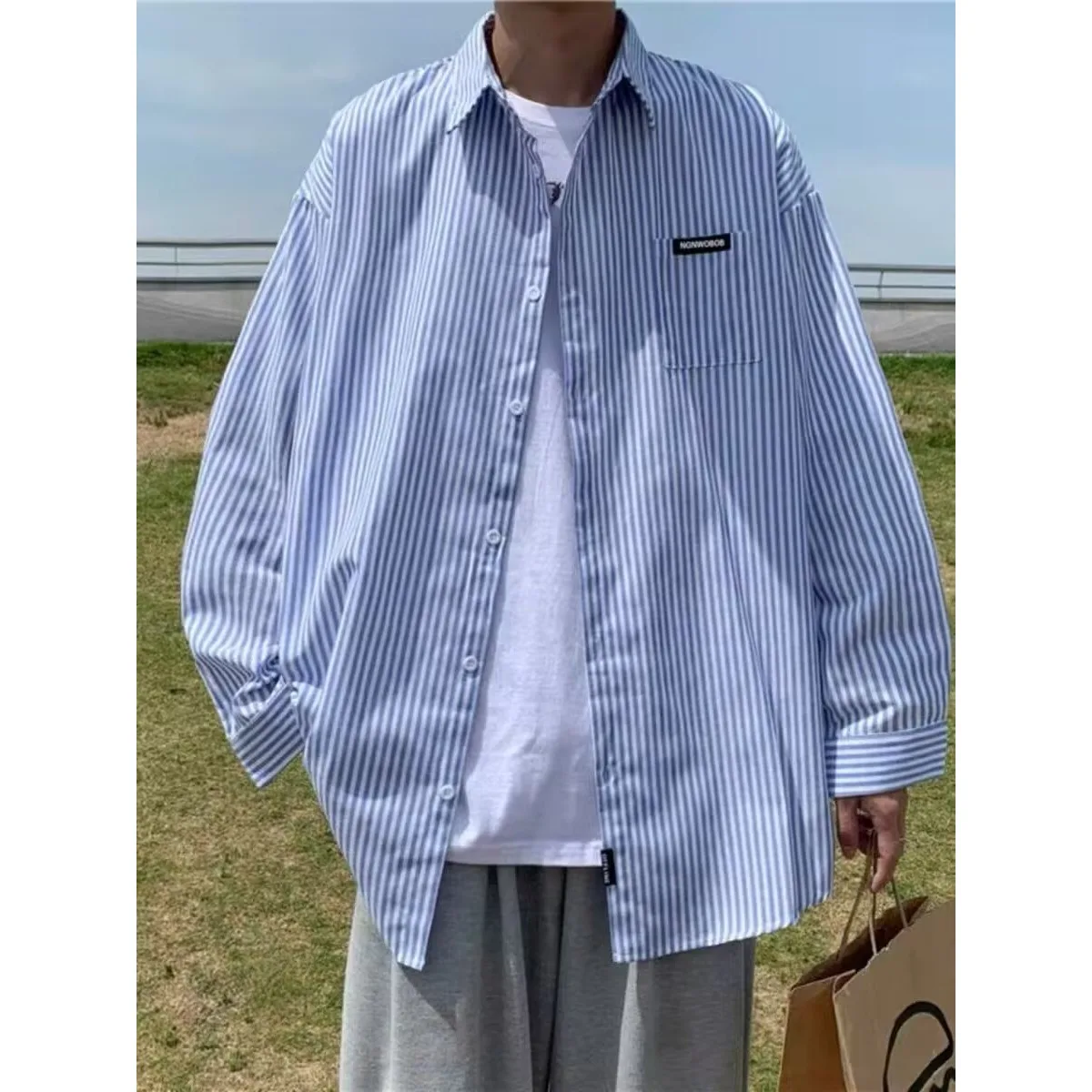 Striped shirt men's long sleeved Hong Kong style loose casual versatile fashion shirt couple ins trendy and cool plus size jacke
