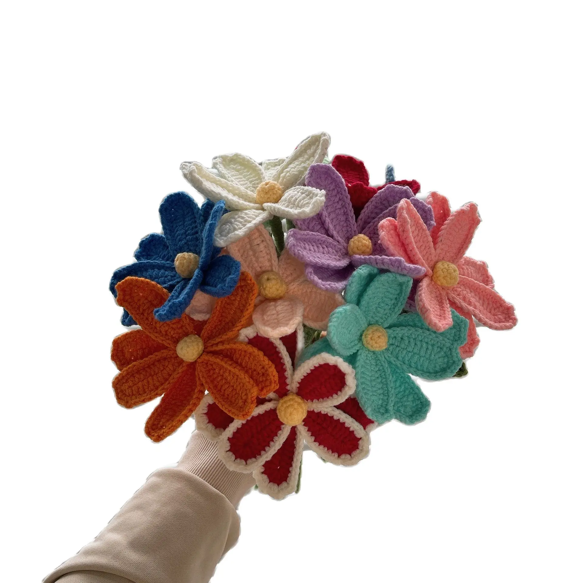 5 PCS Hand-woven Single Flower Bouquet DIY Wool Flower Knitting Flowers Plants Mixed Color Wedding Party Decoration