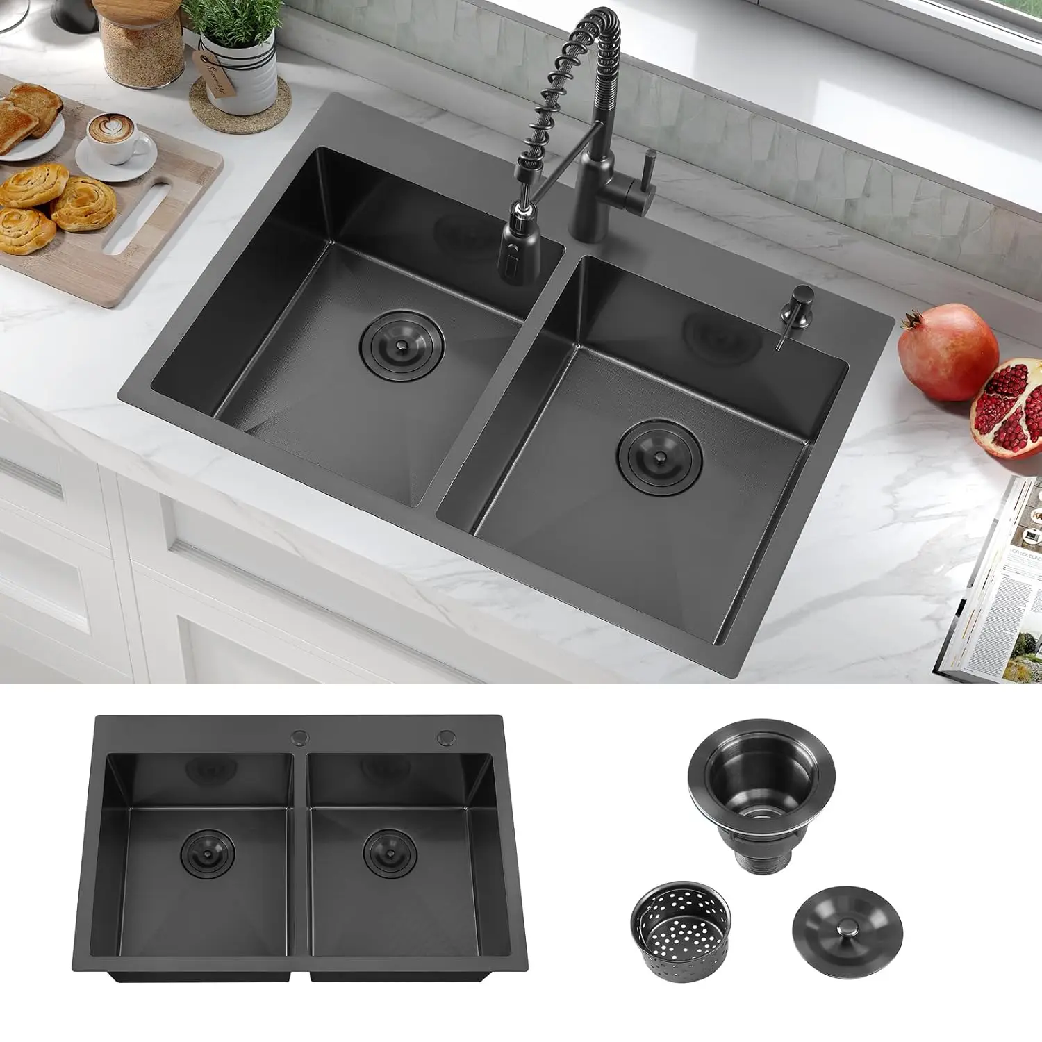 

33 Inch Black Drop in Double Bowls Kitchen Sink,33x22 Inch Nano Black Handmade Stainless Steel Double Drop in, Customized