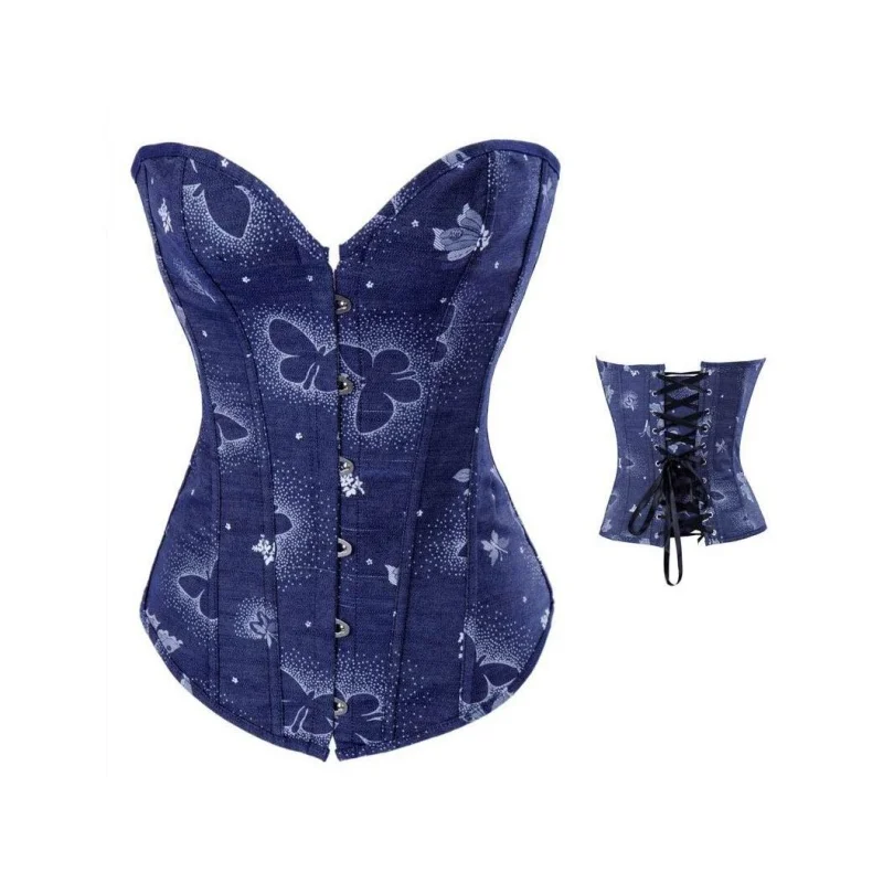 corset top for woman Blue Opaque Corset Butterfly Decoration With White Buttons With G-string overbust corset top