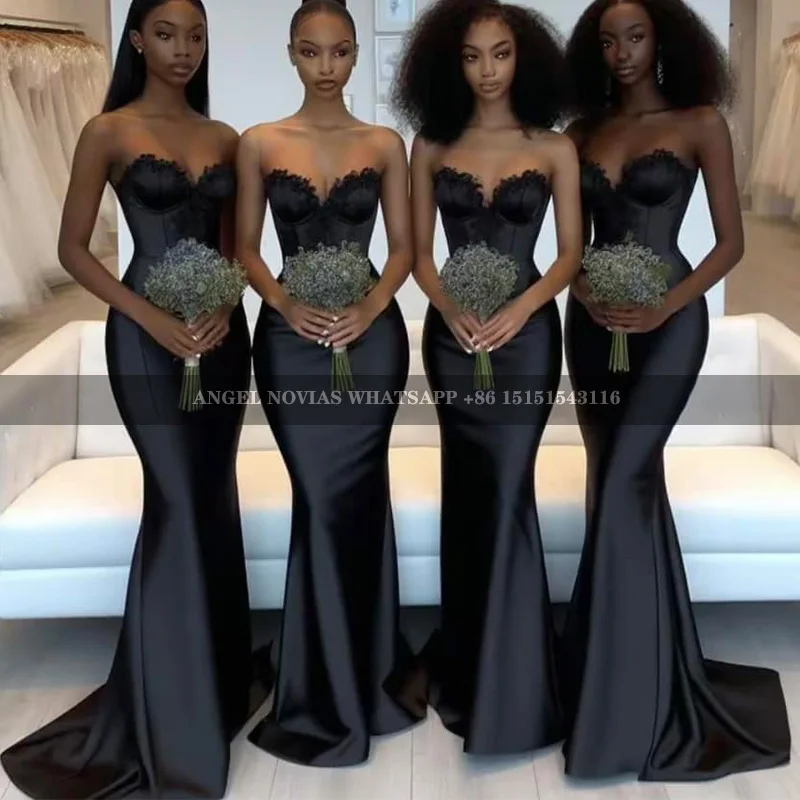 

Plus Size Mermaid Bridesmaid Dresses Strapless Pleat Satin Black Long Maids of Honor Gowns robe de fête de mariage