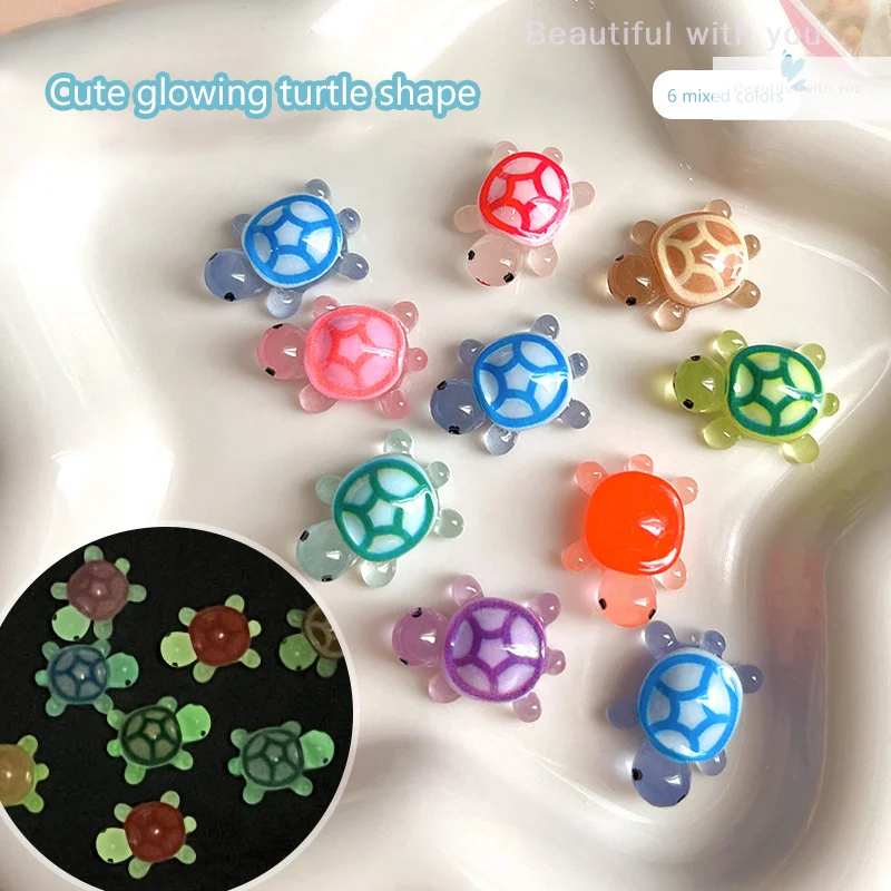 6 uds 3D colores mezclados tortuga luminosa decoración de uñas accesorios de resina Diy adorno de tortuga de Color que brilla en la oscuridad